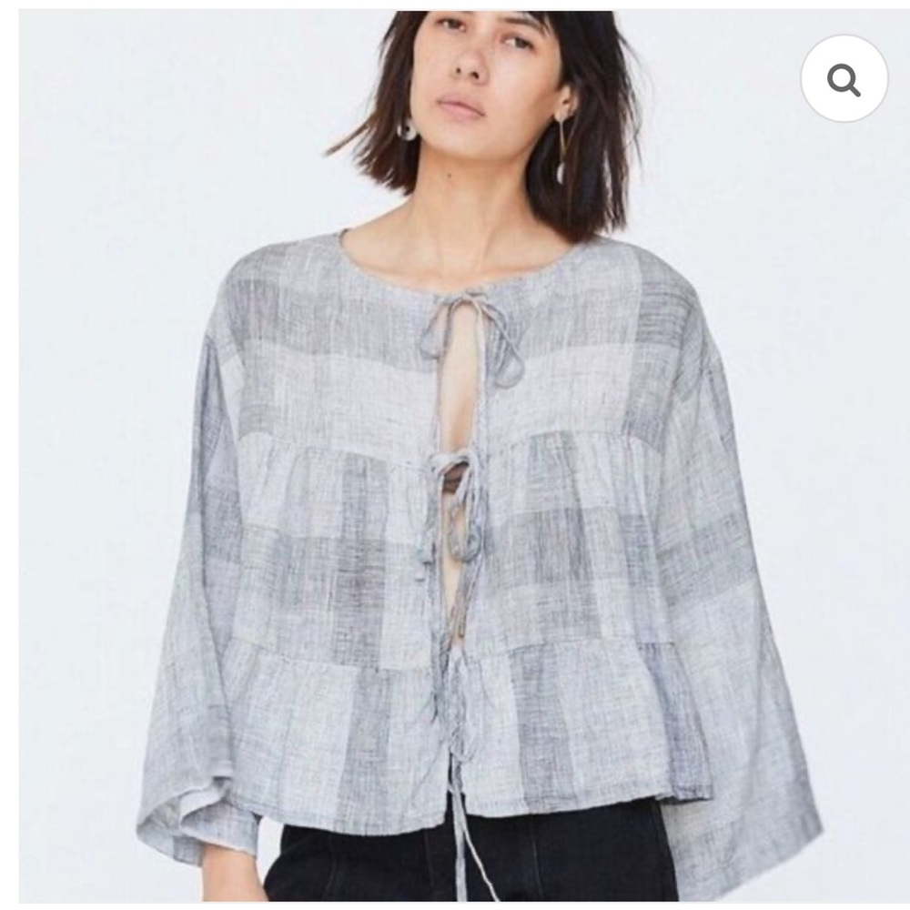 Esby Linen Tie Back Blouse - Gray and White